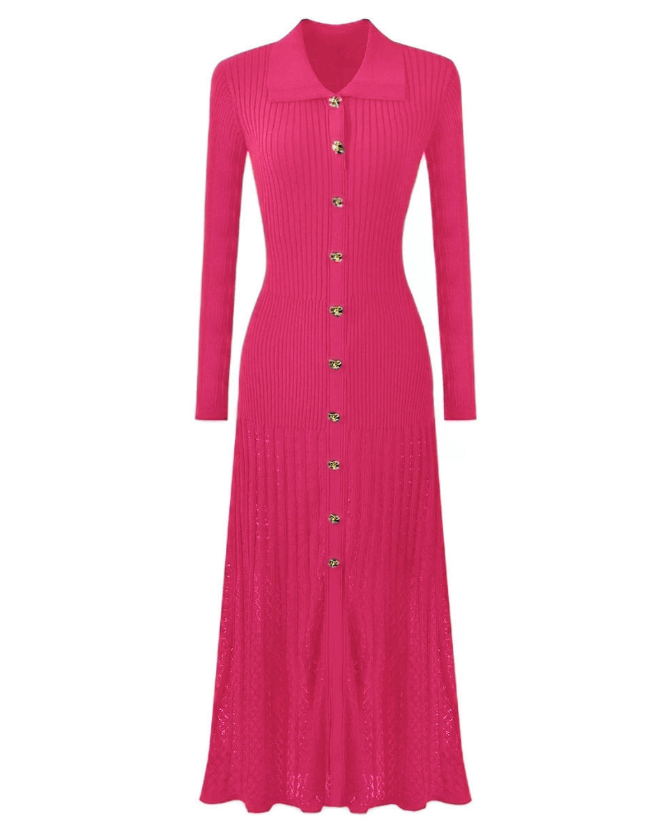 فستان ماكسي محبوك مضلع مع تفاصيل أزرار ذهبية - كيلينيت