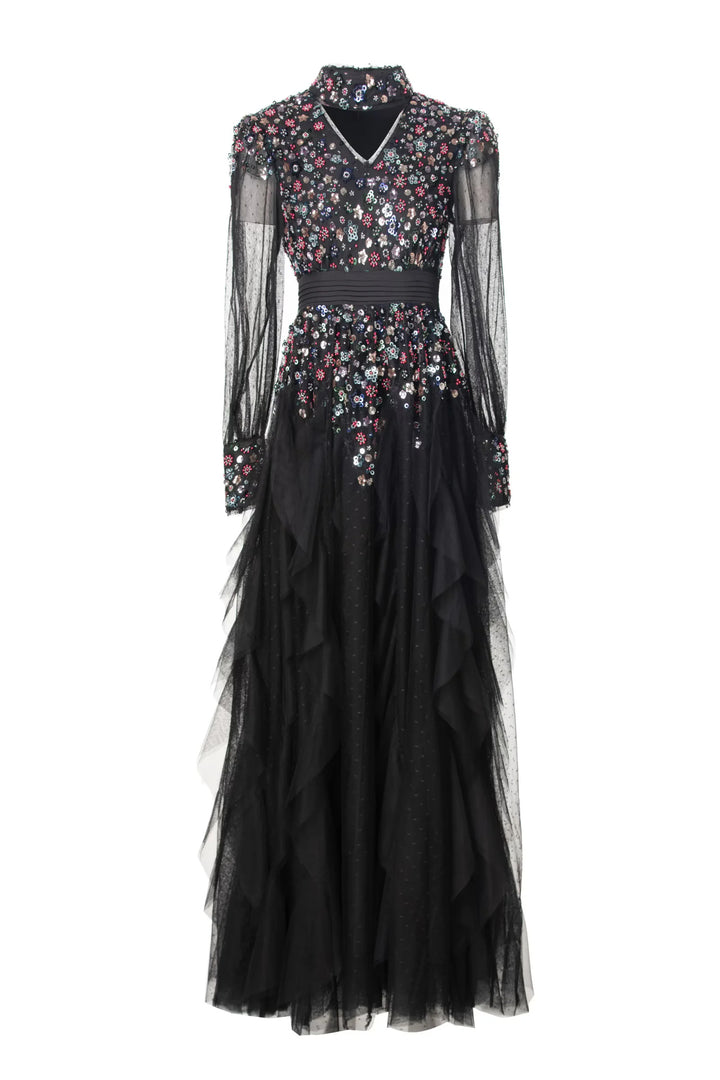 فستان تول بأكمام طويلة مع صدّار مزخرف – أورورا