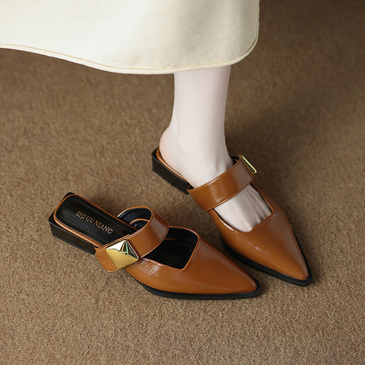 pointed-toe mule with wide strap & gold buckle – VERAXUL