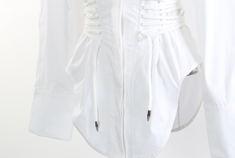 Corset-waist shirt dress with curved hem – BLANC