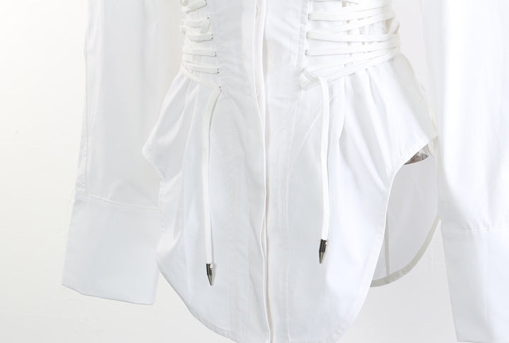 Corset-waist shirt dress with curved hem – BLANC