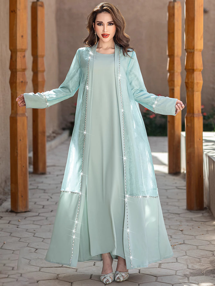 sheer embellished open-front cardigan with maxi dress - AURART