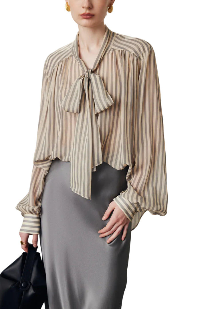 sheer striped blouse with tie-neck bow – VELORA