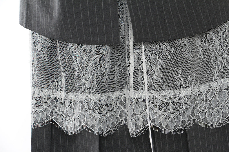 Layered pinstripe wide-leg trousers with lace detail – VELVET