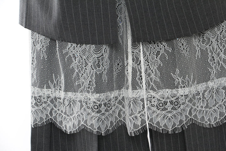 Layered pinstripe wide-leg trousers with lace detail – VELVET