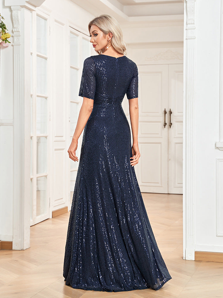 short-sleeve sequin wrap evening gown – NOIRÉ