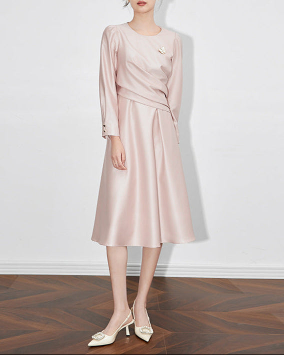 فستان ميدي بأكمام طويلة وقصة واسعة مع حزام خصر - نويل