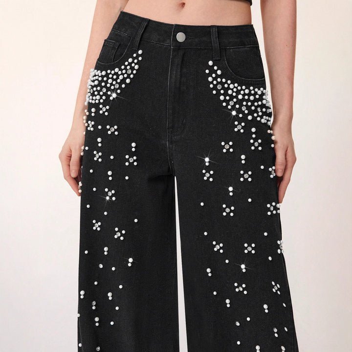 wide-leg black denim pants with pearl embellishment – AURA