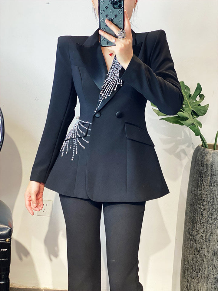 tailored flare suit with crystal burst embellishment – RUBINA