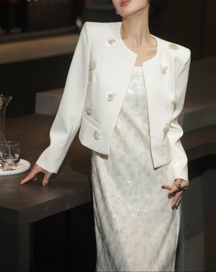 فستان عمودي بدون أكمام مزين بالترتر مع سترة قصيرة مزينة – أورورا