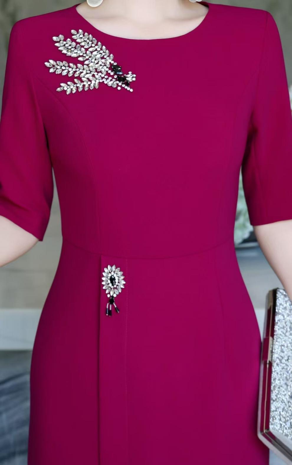 elegant column dress with crystal brooch accents – AMIRA