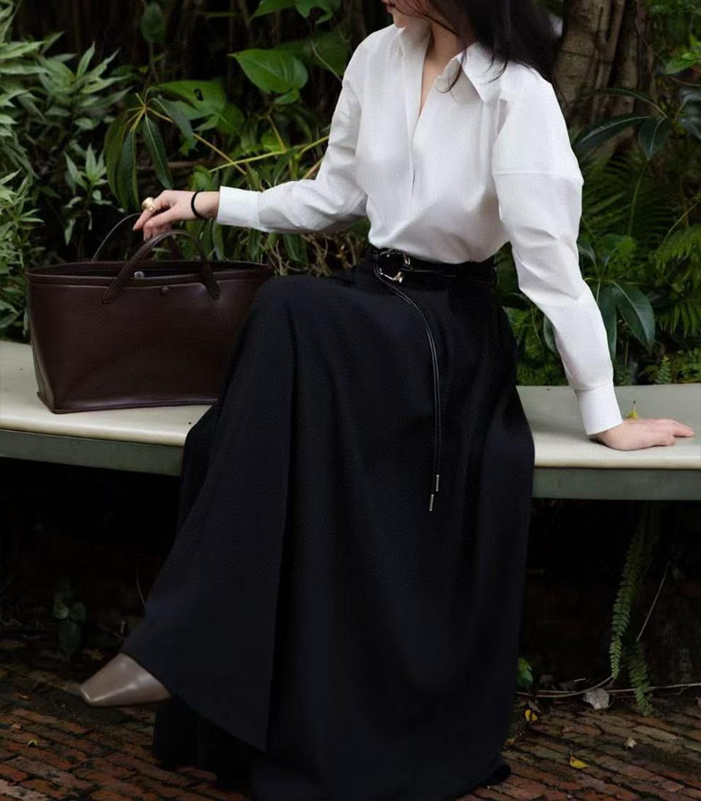 long-sleeve collared blouse with wide-leg maxi skirt – ARYA