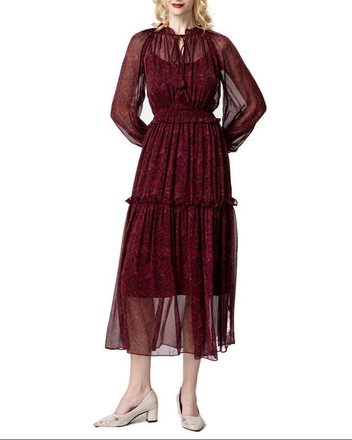 فستان متوسط ​​الطول من الشيفون متعدد الطبقات مع رباط على الرقبة – مايف