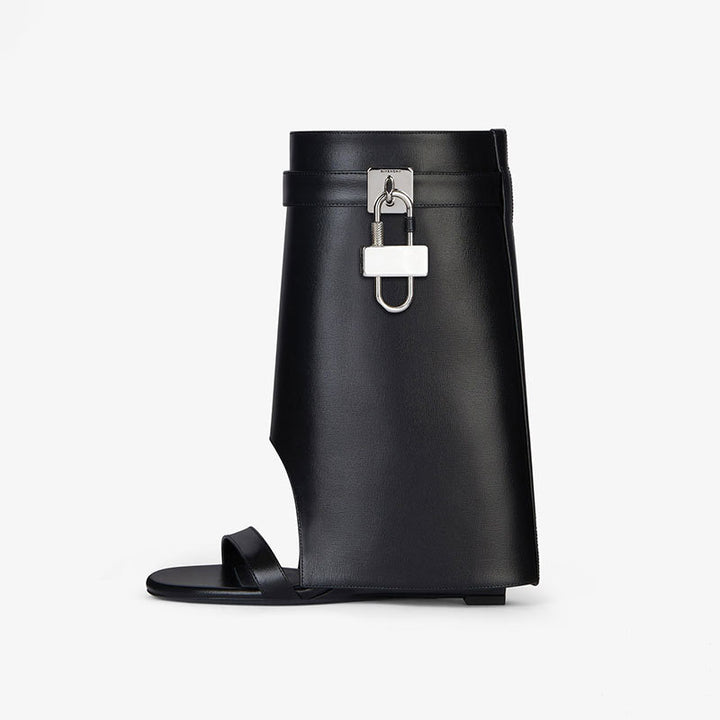open-toe leather wedge boots with padlock detail – LUXE VAULT