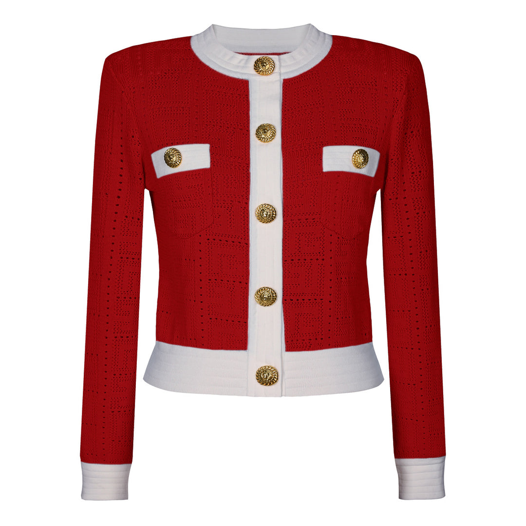 بلوزة محبوكة بأكمام طويلة وحواف متباينة وأزرار ذهبية – كلاريسان