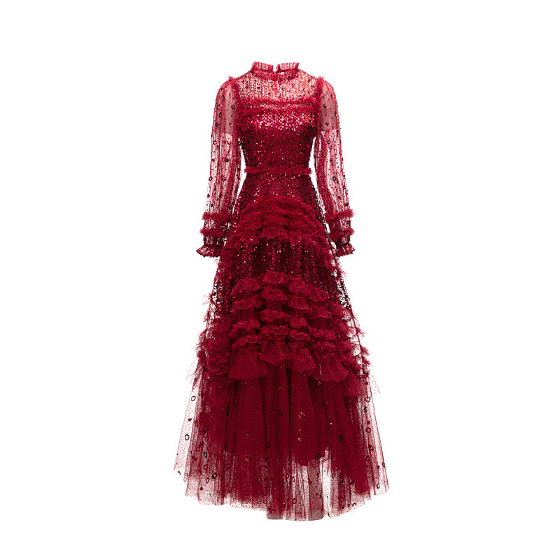 فستان من التول المزين بالترتر مع كشكشة متعددة الطبقات – روزالي