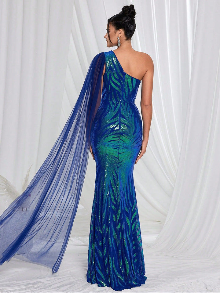 one-shoulder sequin gown with sheer cape – AZURIDA