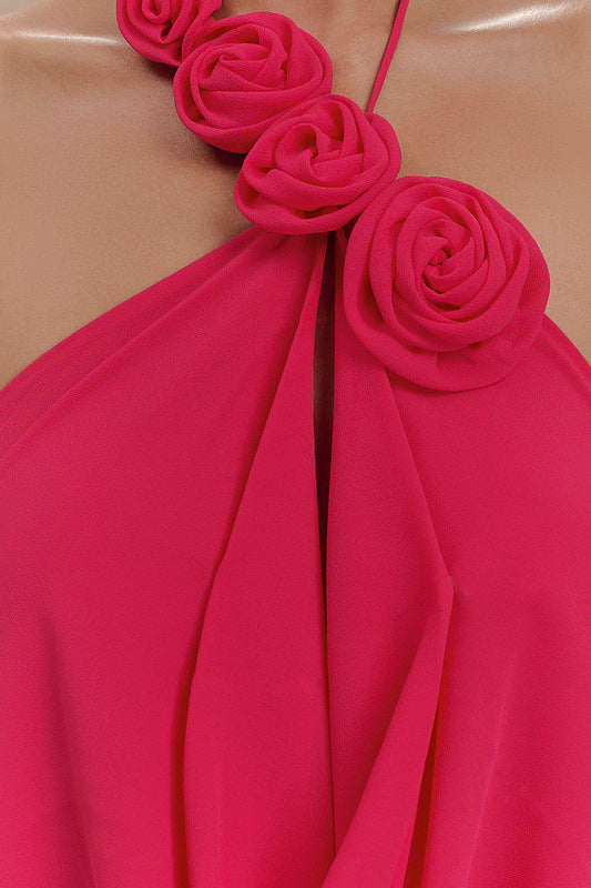 halter neck draped gown with floral detail – AMARAWTI