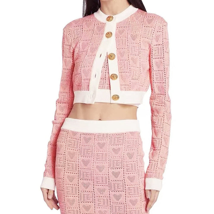 three-piece crochet knit set with contrast trim – LARISSAP