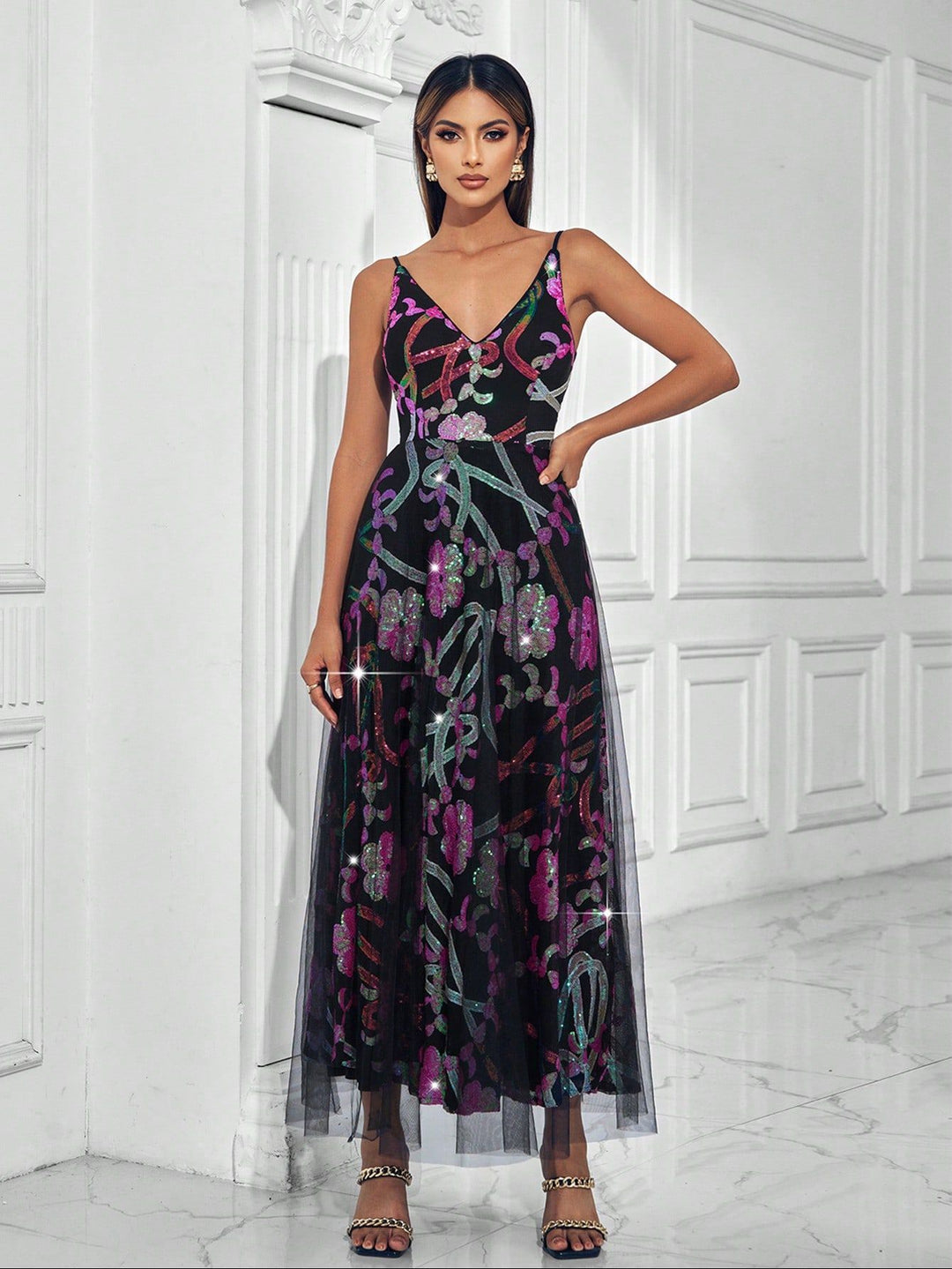 sleeveless tulle gown with multicolor sequin florals – AURONDA