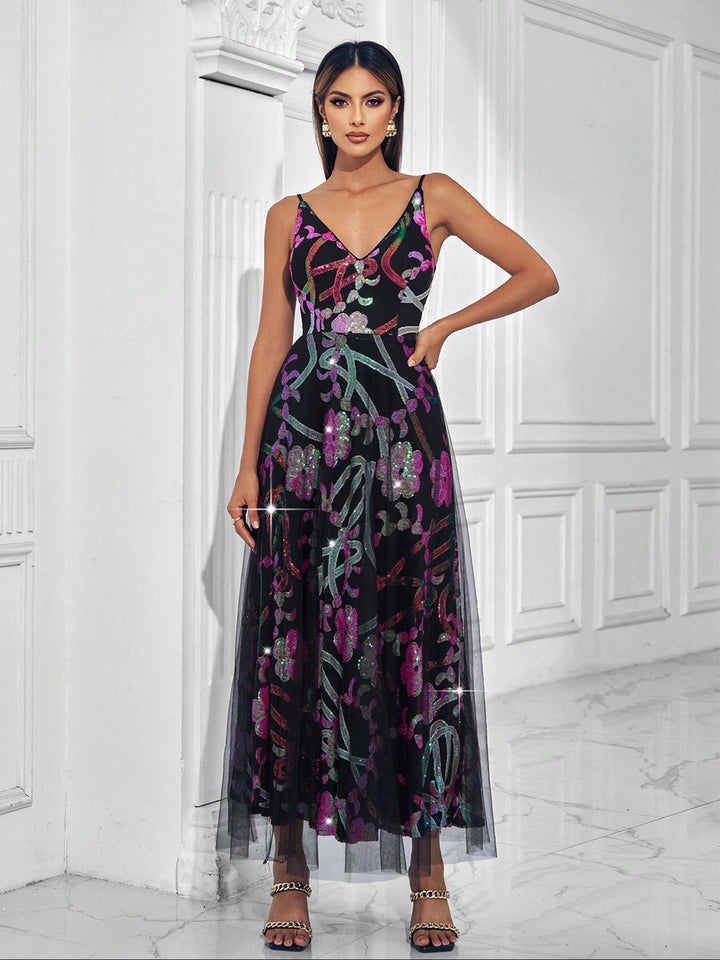 sleeveless tulle gown with multicolor sequin florals – AURONDA