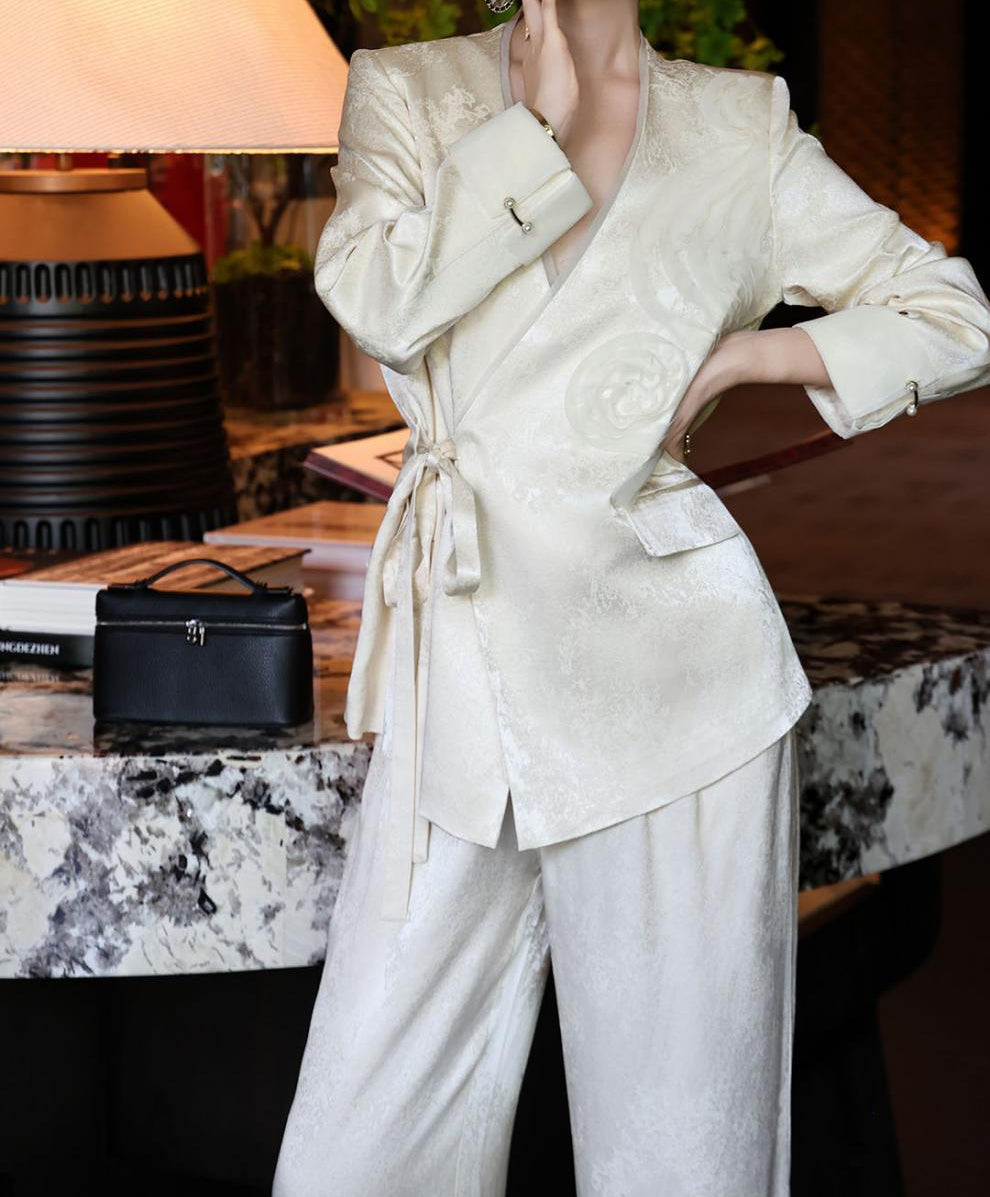 jacquard wrap blazer with wide-leg satin trousers – SERAPHINE