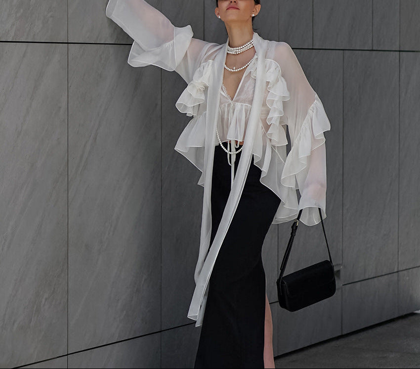 sheer ruffle-sleeve blouse with cascading ties – ELYSIA