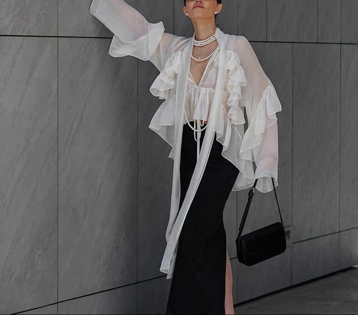 sheer ruffle-sleeve blouse with cascading ties – ELYSIA