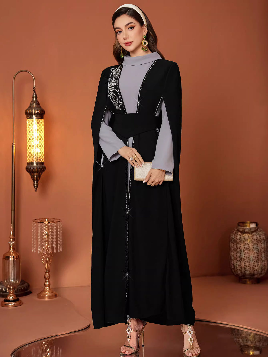 Embroidered Open Abaya with Inner Dress and Waist Belt – NOURA