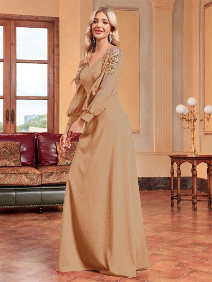 chiffon-sleeve evening gown with beaded waist – MIDNIGHT POISE
