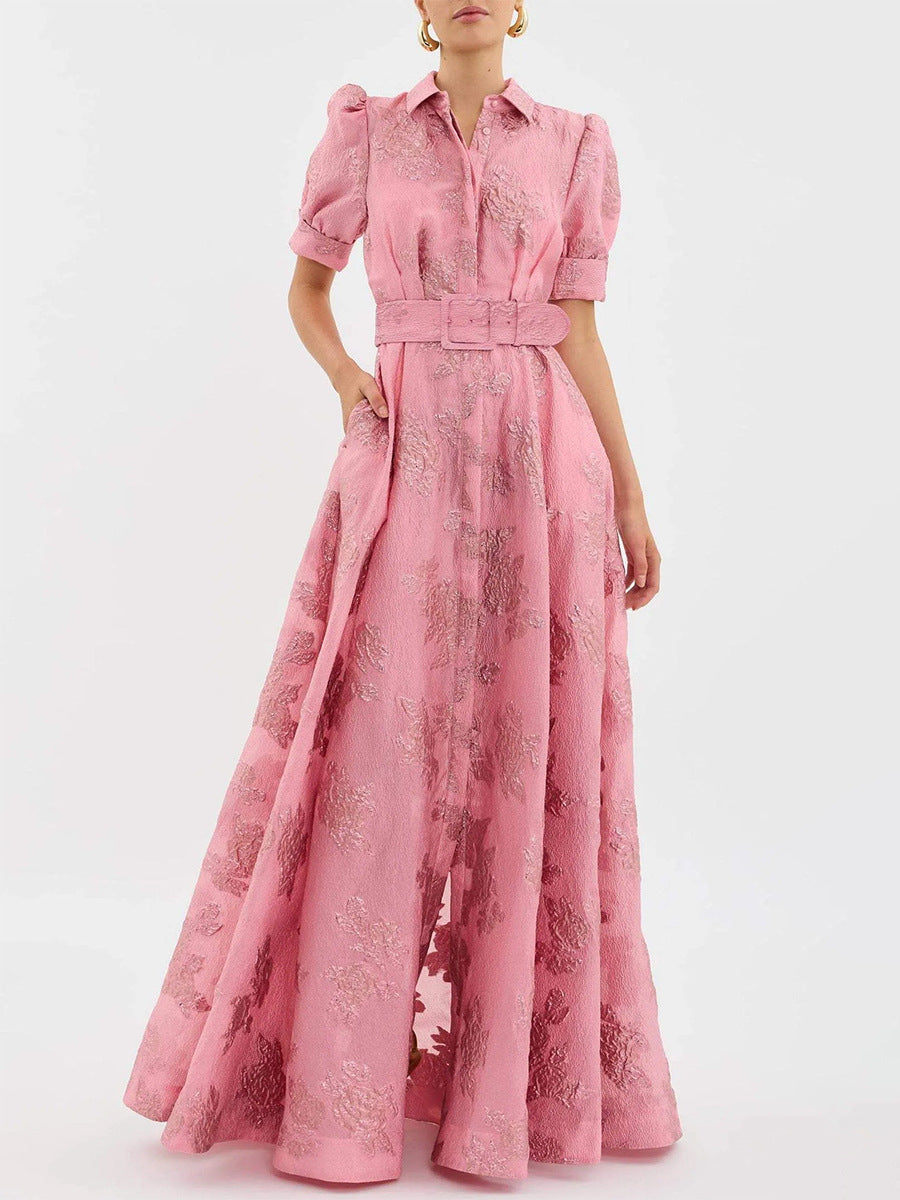 puff-sleeve jacquard dress with belted waist – ROSABELLEN