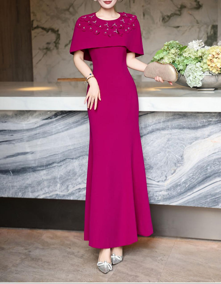 فستان حورية البحر بكتف مكشوف مع رقبة مزينة – فوشيا