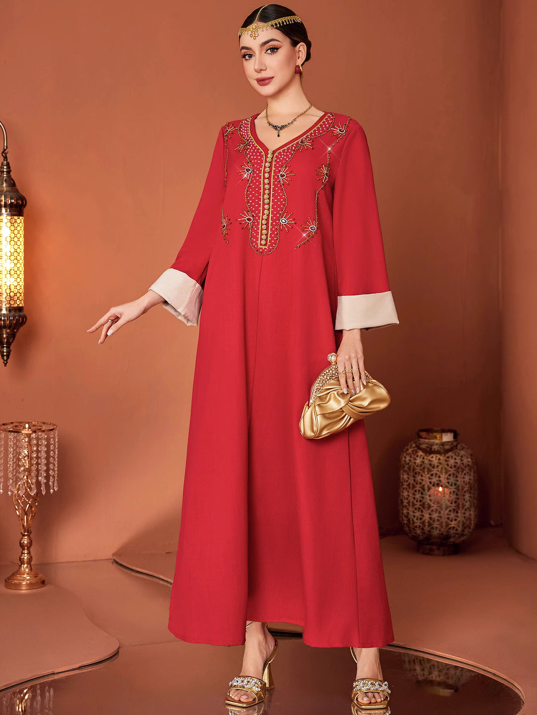 embroidered maxi dress with contrast cuffs - AMIRAPI