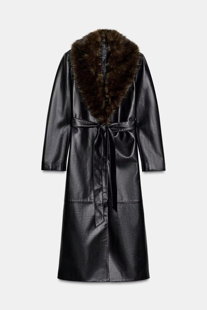 Faux Leather Long Coat with Fur Collar – EMAN