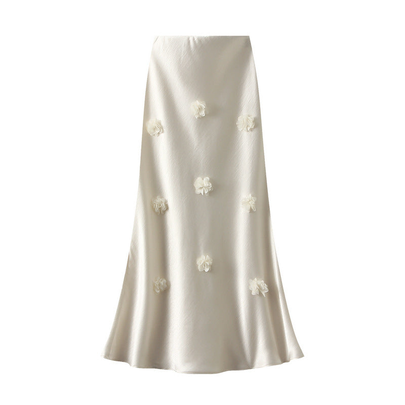 satin midi skirt with 3D floral appliqués – AMÉLIE