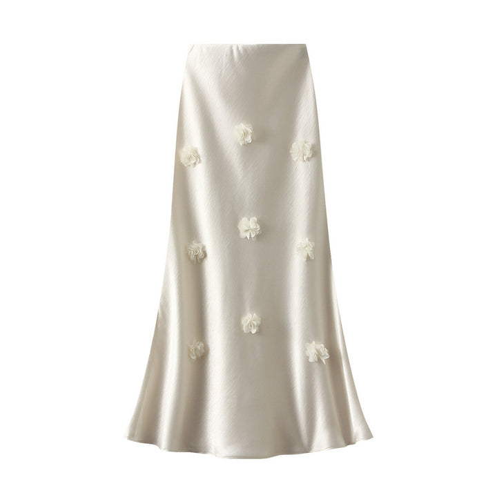 satin midi skirt with 3D floral appliqués – AMÉLIE