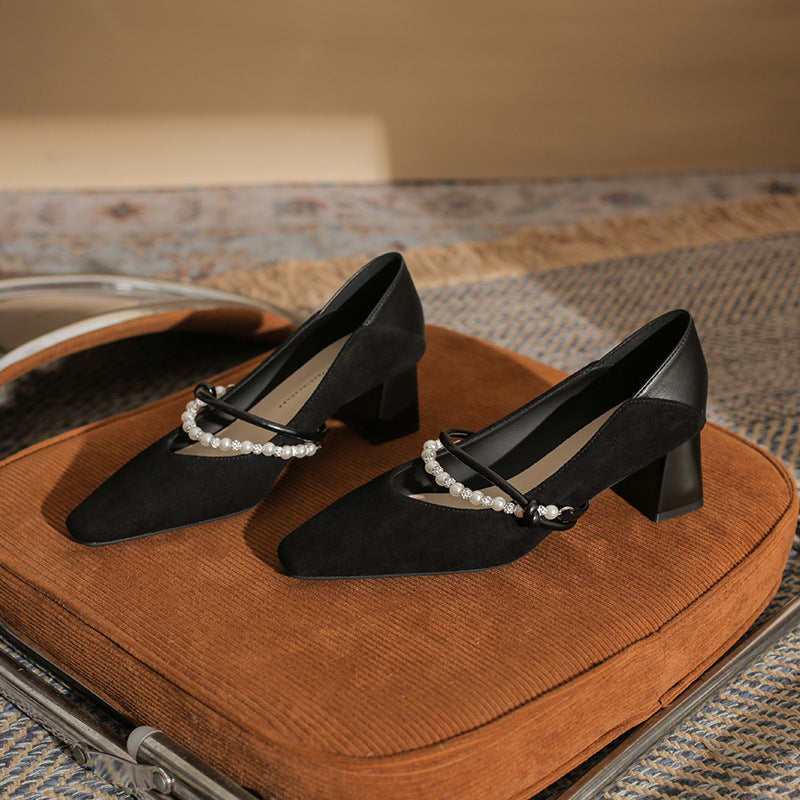 block heel pumps with pearl strap detail – NERINANDA