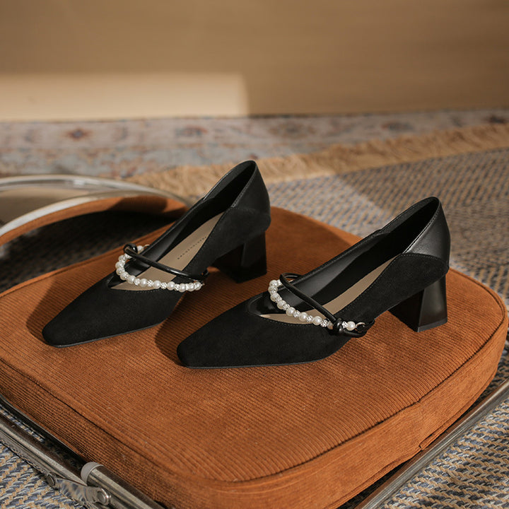 block heel pumps with pearl strap detail – NERINANDA