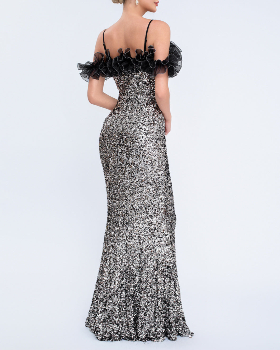 off-shoulder sequin gown with ruffled neckline – SERERAL