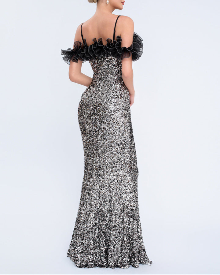 off-shoulder sequin gown with ruffled neckline – SERERAL