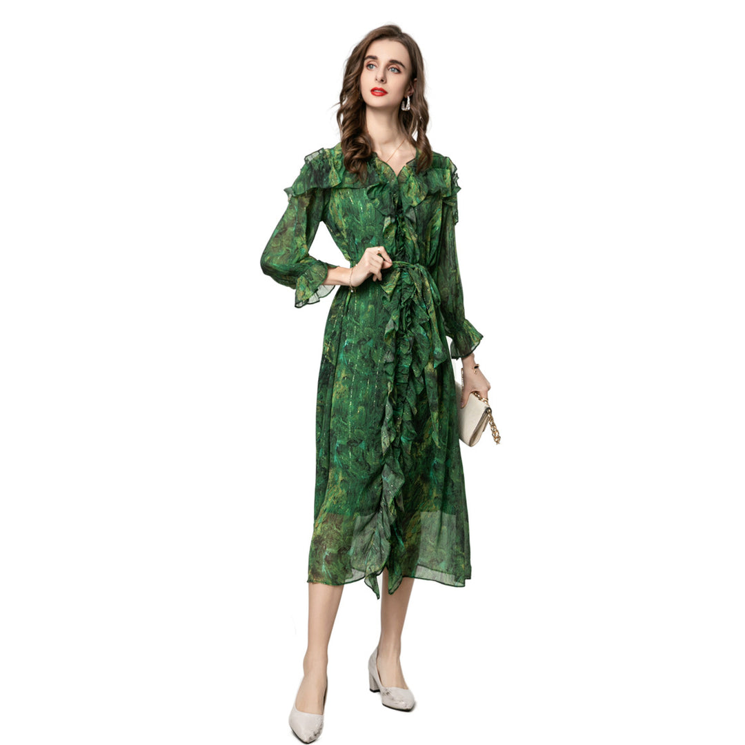 فستان شيفون ملفوف متوسط ​​الطول مع حواف مكشكشة – إيميرالد ويسبر