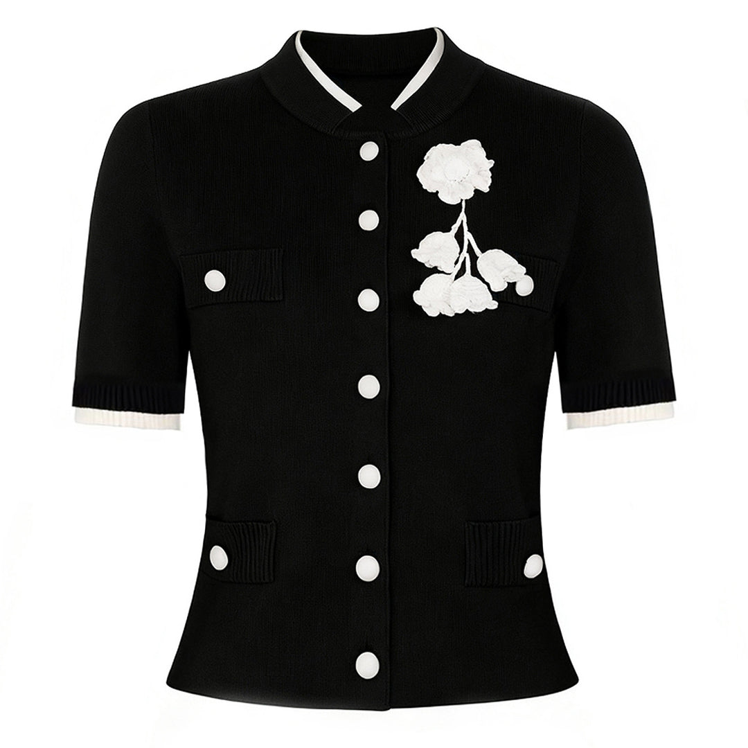 short-sleeve knit jacket with floral applique – DAHLIA