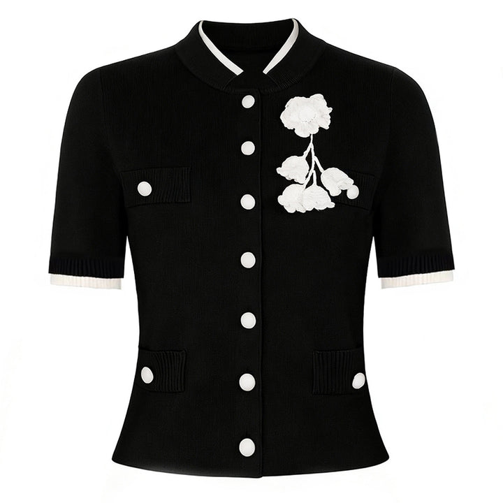 short-sleeve knit jacket with floral applique – DAHLIA