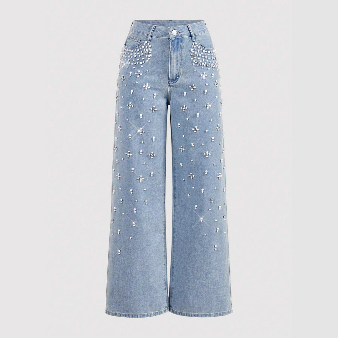 wide-leg black denim pants with pearl embellishment – AURA