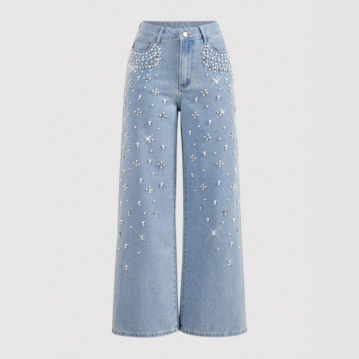 wide-leg black denim pants with pearl embellishment – AURA