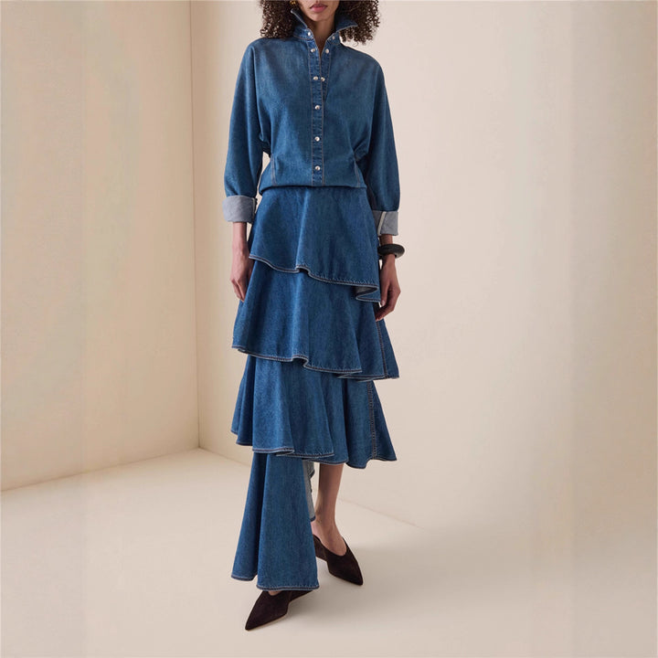 Haut à manches évasées plissées et ensemble jupe longue avec ceinture à la taille – Rosiny 