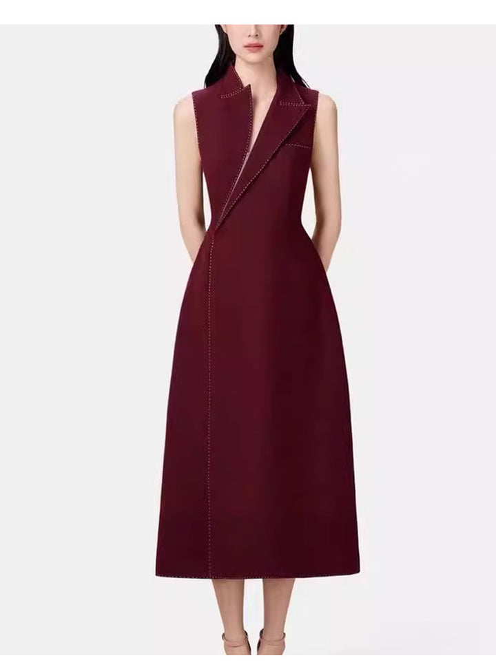 Sleeveless tailored lapel midi dress with contrast stitching – IVERA