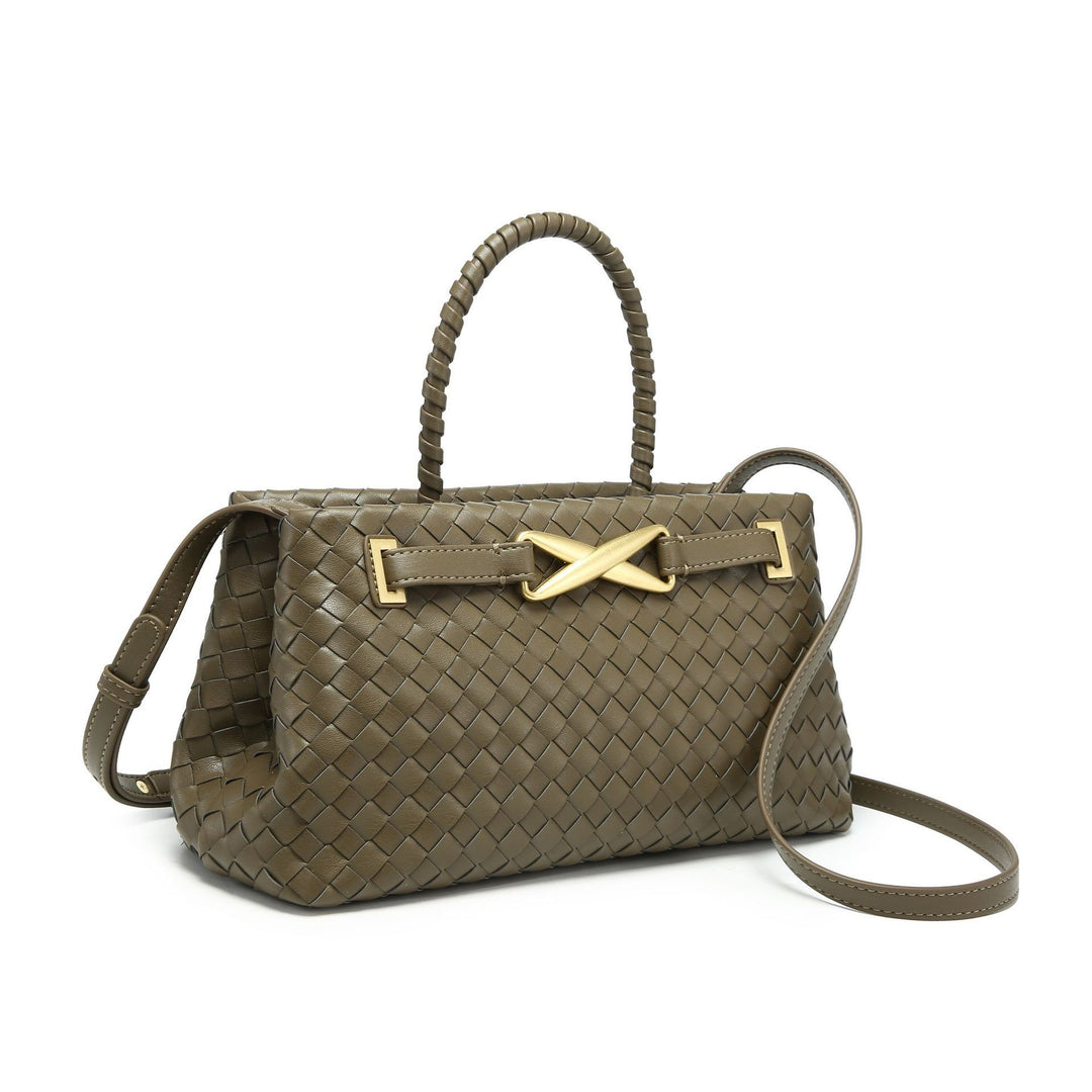 woven leather top-handle bag with gold X detail – AUREGIP