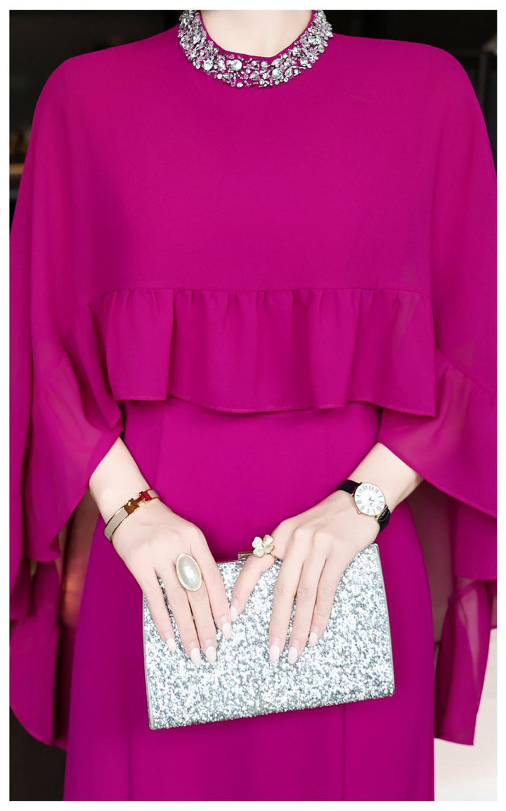 black cape-overlay gown with ruffled chiffon tier – ELIORA