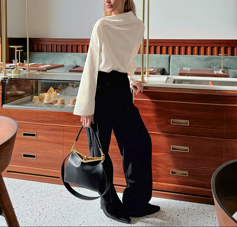 high-neck cape-sleeve satin blouse – SERENE